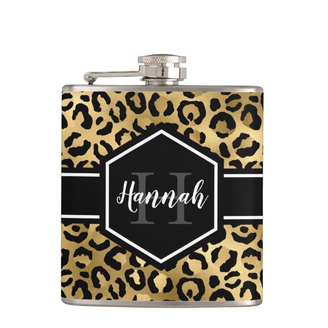 Gold Black Leopard Spots Monogram Hip Flask (Front)