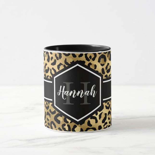 Gold Black Leopard Spots Monogram Mug (Center)