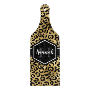 Gold Black Leopard Spots Monogram Paddle Cutting Board