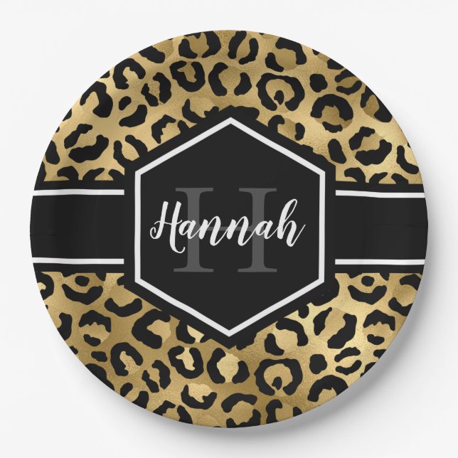 Gold Black Leopard Spots Monogram Paper Plate (Front)