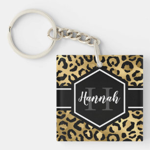 Gold Black Leopard Spots Monogram Photo Key Ring