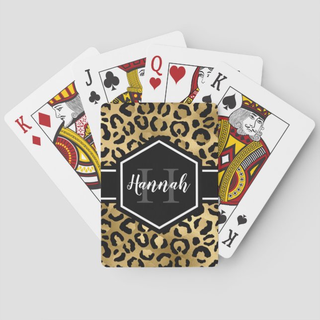 Gold Black Leopard Spots Monogram Playing Cards (Back)