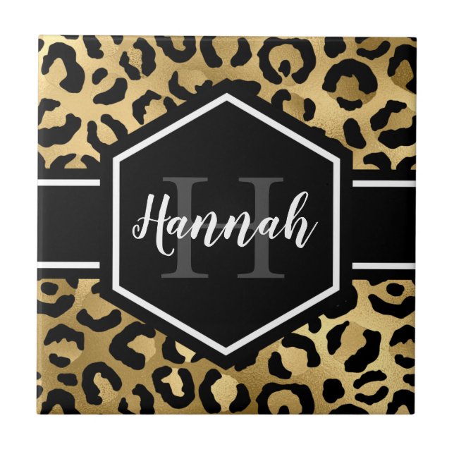 Gold Black Leopard Spots Monogram Tile (Front)