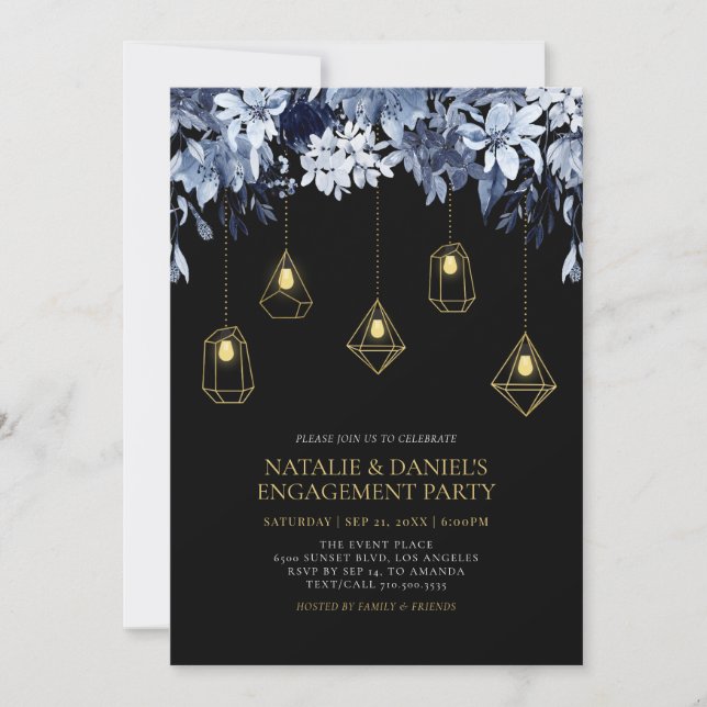 Gold & Black Lights & Floral Engagement Party Invi Invitation (Front)