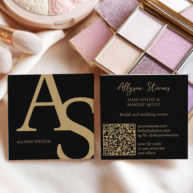 Gold Black Logo initials bold makeup qr code Square Business Card (Gold Black Logo initials bold makeup qr code Square Business Card)