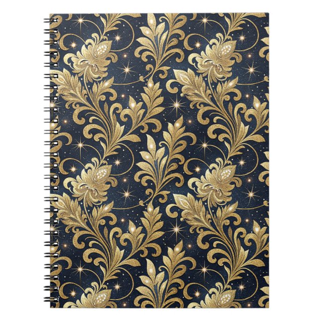 Gold & Black Luxurious Regal Damask Floral Pattern Notebook (Front)