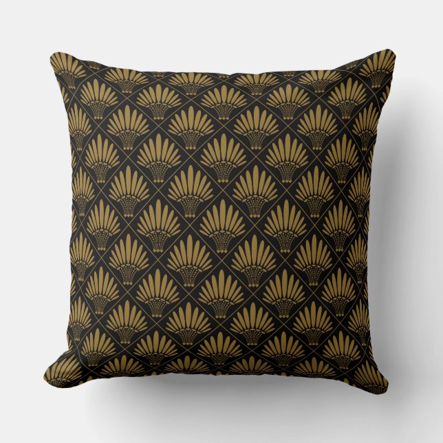 Gold Black Luxury Art Deco Fan Pattern Cushion (Front)