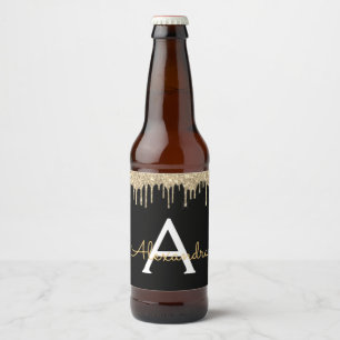 Gold Black Luxury Glitter Glam Monogram Name Beer Bottle Label