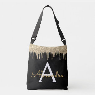 Gold Black Luxury Glitter Glam Monogram Name Crossbody Bag