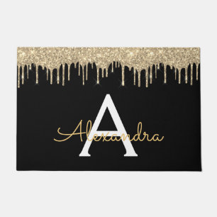 Gold Black Luxury Glitter Glam Monogram Name Doormat