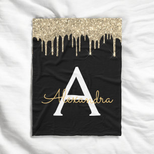 Gold Black Luxury Glitter Glam Monogram Name Fleece Blanket