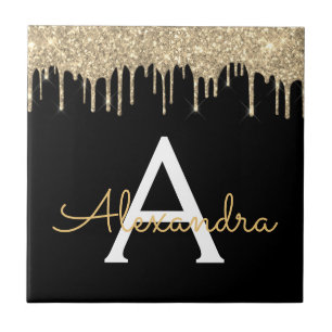 Gold Black Luxury Glitter Glam Monogram Name Tile