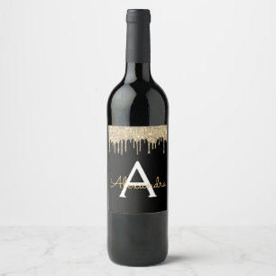 Gold Black Luxury Glitter Glam Monogram Name Wine Label