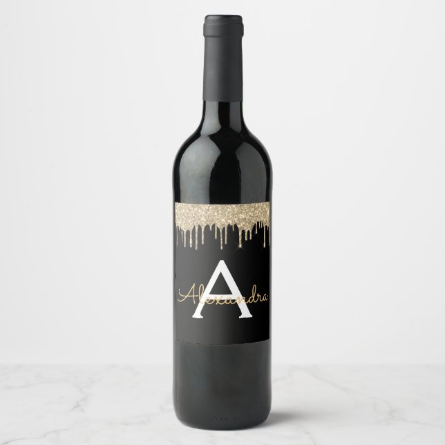 Gold Black Luxury Glitter Glam Monogram Name Wine Label (Front)