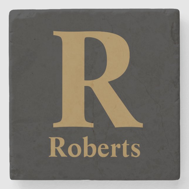 Gold/ Black M±odern Minimal Monogram Name  Stone Coaster (Front)