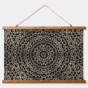 Gold Black Mandala Chic Trippy Psychedelic Hippie Hanging Tapestry