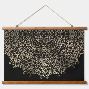 Gold Black Mandala Chic Trippy Psychedelic Hippie Hanging Tapestry