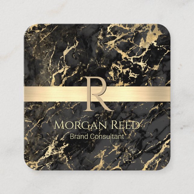 Gold & Black Marble, Gold Bar, Name Monogram Info Square Business Card (Front)