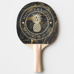 Gold Black Marble Pineapple Wedding Crest & Names Ping Pong Paddle