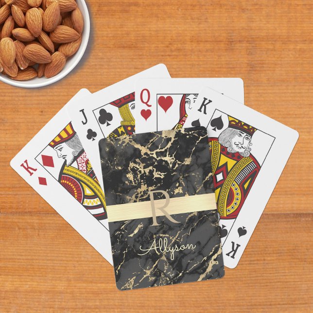 Gold & Black Marble, Script Name & Monogram Playing Cards (Creator Uploaded)