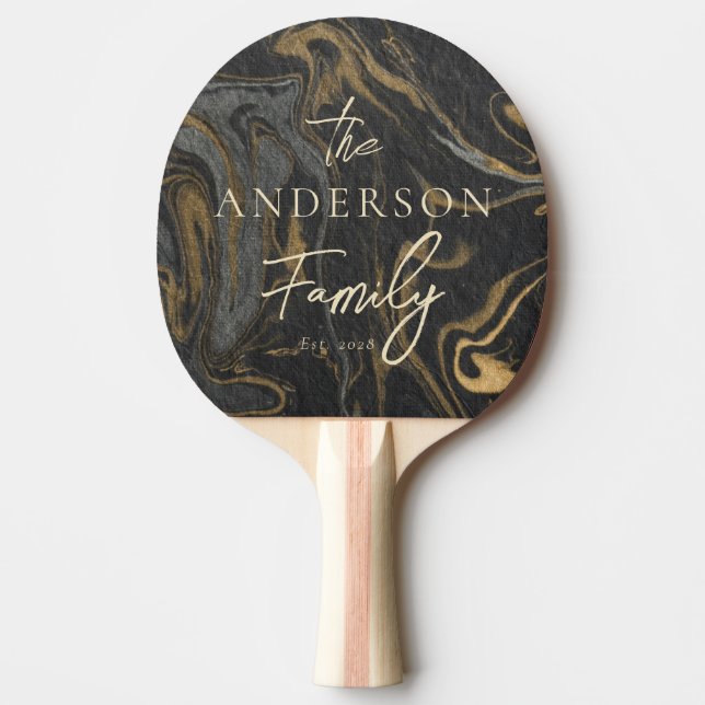 Gold Black Marble Swirl Hand Written Family Name Ping Pong Paddle (Front)