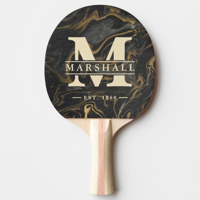Gold Black Marble Swirl Monogram & Name Overlay Ping Pong Paddle (Front)