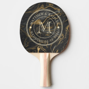Gold Black Marble Swirl Stone Wedding Monogram Ping Pong Paddle