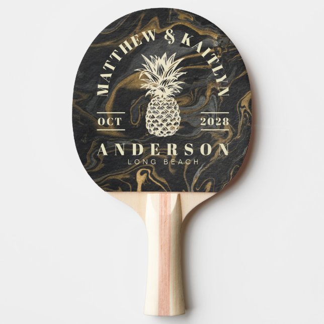 Gold Black Marble Tropical Pineapple Wedding Crest Ping Pong Paddle (Front)