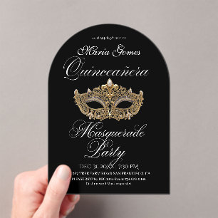 Gold Black Masquerade Quinceanera Birthday Acrylic Invitations