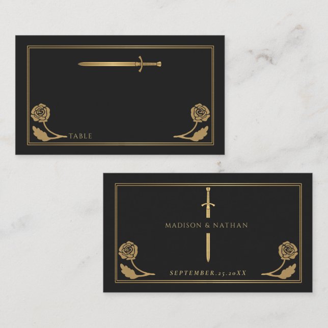 Gold Black Mediaeval Royal Sword Wedding Place Card (Front/Back)