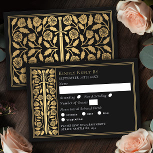 Gold Black Mediaeval Sword Wedding RSVP Card