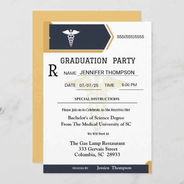 Gold Black Medical Prescription Pad Graduation  Invitation (Front/Back)