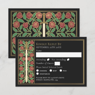 Gold Black Medieval Floral Sword Wedding RSVP Card