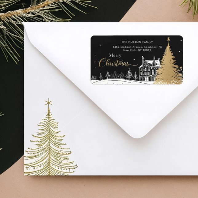 Gold & Black Merry Christmas Return Address Label (Creator Uploaded)