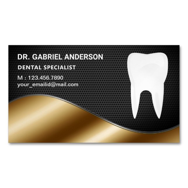 Gold Black Mesh Tooth Dental Clinic Dentist Magnetic Business Card (Front)