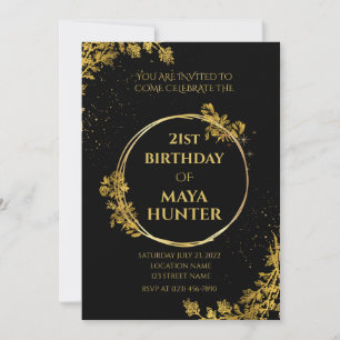 Gold Black Metallic Shiny 21st Birthday Invitation