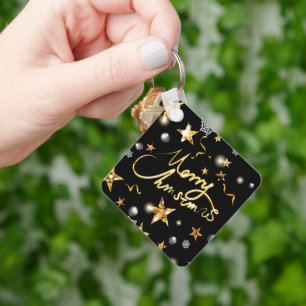 Gold Black Metallic Stars Christmas Key Ring