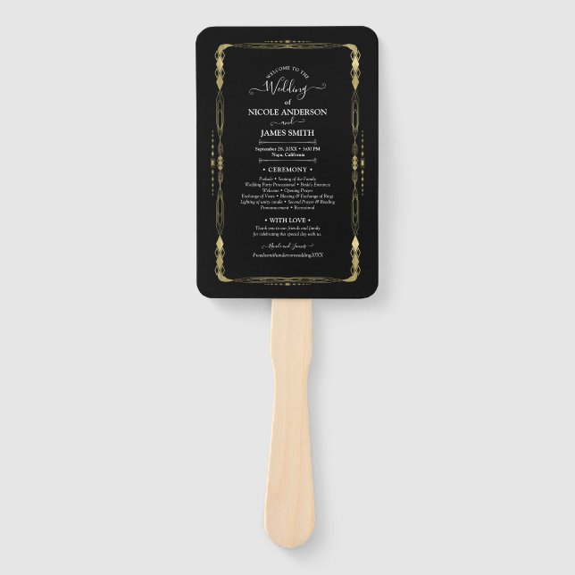 Gold & Black Minimal Modern Glam Wedding Program Hand Fan (Front)