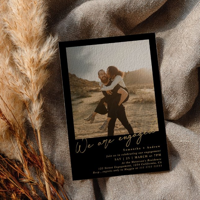 Gold Black minimalist 2 photos engagement party Invitation (Gold Black minimalist 2 photos engagement party Invitation)