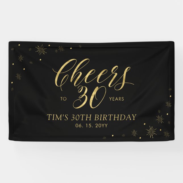 Gold & Black Modern Cheers 30th Birthday Party Banner (Horizontal)