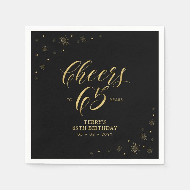 Gold & Black | Modern Cheers 65th Birthday Party Napkin (Front)