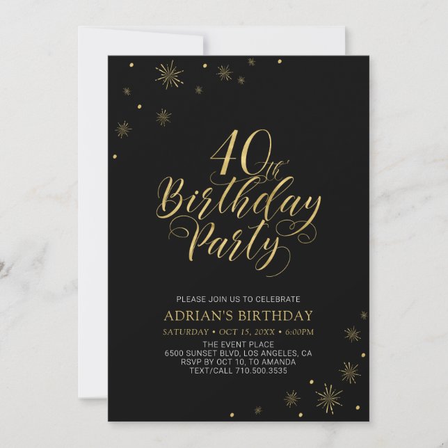 Gold & Black | Modern Chic 40th Birthday Party Invitation (Front)