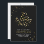 Gold & Black | Modern Chic 70th Birthday Party Invitation<br><div class="desc">Let's celebrate your special day with this stylish gold & black 70th birthday party invitation. This design features chic gold typography and gold elements with a black background. You can customise the text and background colour. More matching items available at my shop BaraBomDesign. If you need a custom design, please...</div>