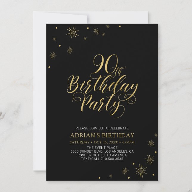 Gold & Black | Modern Chic 90th Birthday Party Invitation (Front)