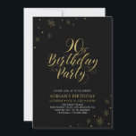 Gold & Black | Modern Chic 90th Birthday Party Invitation<br><div class="desc">Let's celebrate your special day with this stylish gold & black 90th birthday party invitation. This design features chic gold typography and gold elements with a black background. You can customise the text and background colour. More matching items available at my shop BaraBomDesign. If you need a custom design, please...</div>