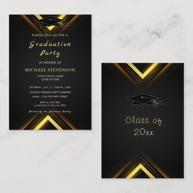Gold Black Modern Graduation Invitation Card (Front/Back)