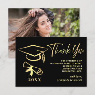 Gold Black Modern Graduation PHOTO Thank You Card