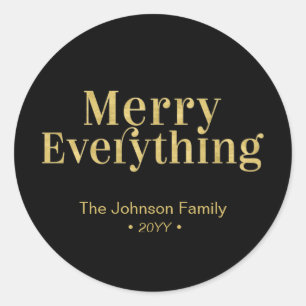 Gold & Black Modern Merry Everything Christmas Classic Round Sticker