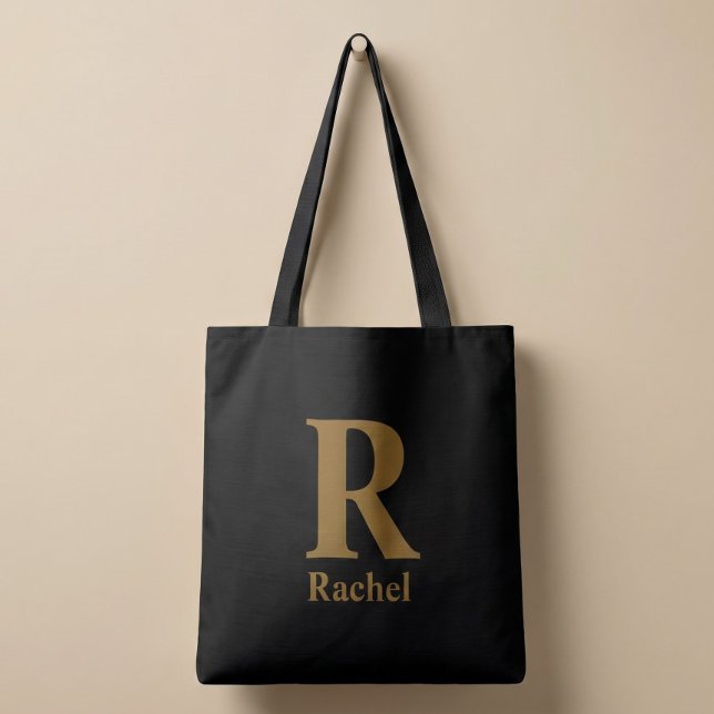 Gold/ Black Modern Minimal Monogram Name Tote Bag (Creator Uploaded)