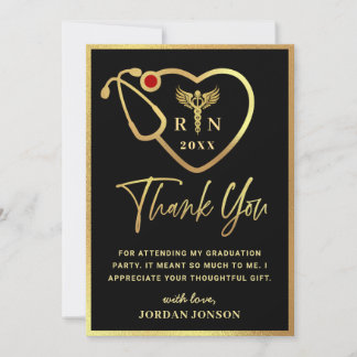 Gold Black Modern Nursing School Graduation Thank You Card